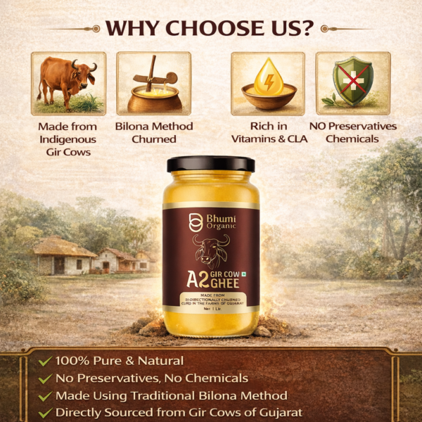 Bhumi Organic A2 Gir Cow Bilona Ghee 1LTR | Traditional Wooden Churned