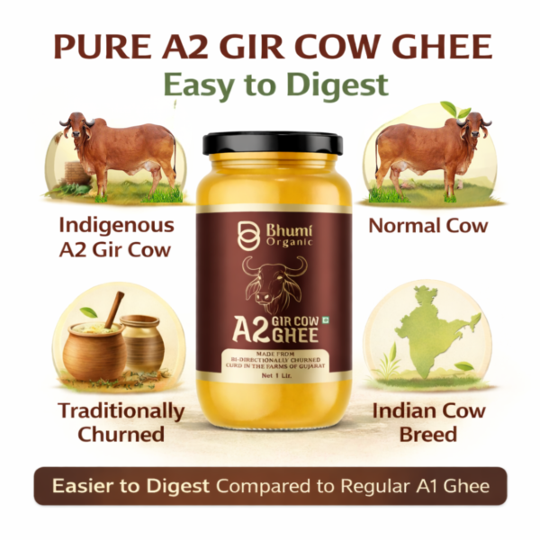 Bhumi Organic A2 Gir Cow Bilona Ghee 1LTR | Traditional Wooden Churned