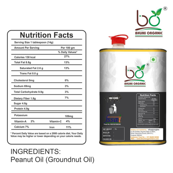 Bhumi Organic Wood Pressed Groundnut Oil - 100% Pure, Cold Pressed Peanut Oil for Healthy Cooking & Skin Care | Natural, Chemical-Free, and Nutrient-Rich