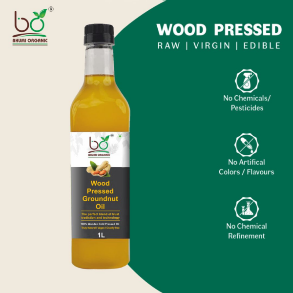 Bhumi Organic Wood Pressed Groundnut Oil - 100% Pure, Cold Pressed Peanut Oil for Healthy Cooking & Skin Care | Natural, Chemical-Free, and Nutrient-Rich