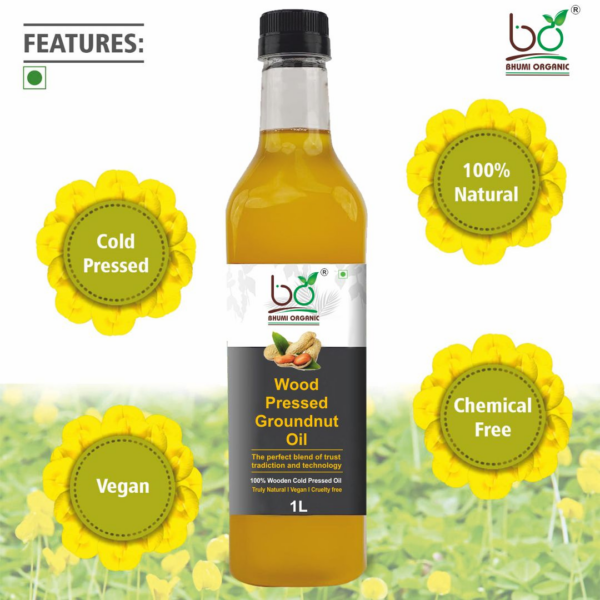 Bhumi Organic Wood Pressed Groundnut Oil - 100% Pure, Cold Pressed Peanut Oil for Healthy Cooking & Skin Care | Natural, Chemical-Free, and Nutrient-Rich