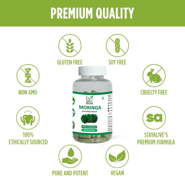 Bhumi Organic Moringa Oleifera Capsules – USDA-Certified Superfood for Energy, Immune Support, and Vitality – Vegan, Non-GMO, 180 Capsules