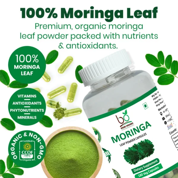 Bhumi Organic Moringa Oleifera Capsules – USDA-Certified Superfood for Energy, Immune Support, and Vitality – Vegan, Non-GMO, 180 Capsules