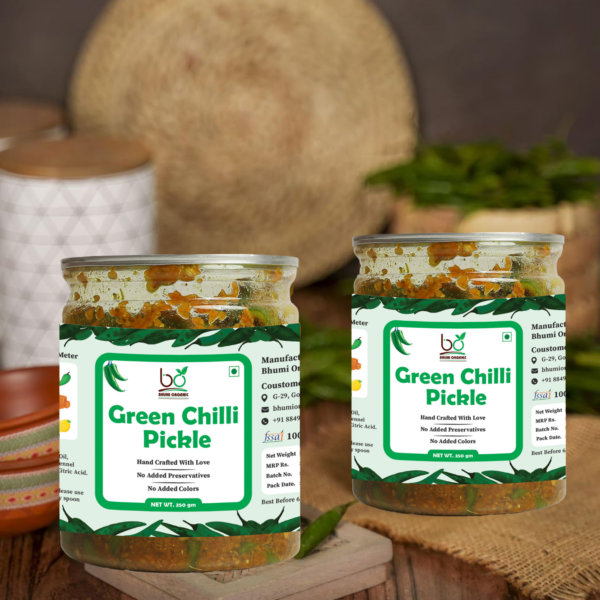 Bhumi Organic Green Chilli Pickle – Spicy & Flavorful Homemade Indian Achar | Non-GMO & Gluten-Free | Made with Natural Ingredients, 350g