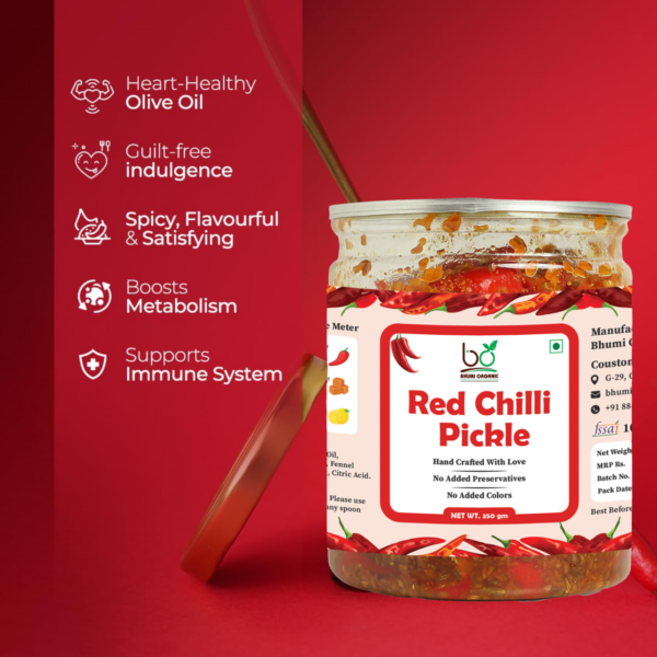 Bhumi Organic Red Chilli Pickle – Homemade Indian Achar | Spicy & Flavorful | Gluten-Free & Non-GMO | Natural Ingredients, 350g