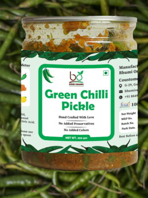 Bhumi Organic Green Chilli Pickle – Spicy & Flavorful Homemade Indian Achar | Non-GMO & Gluten-Free | Made with Natural Ingredients, 350g