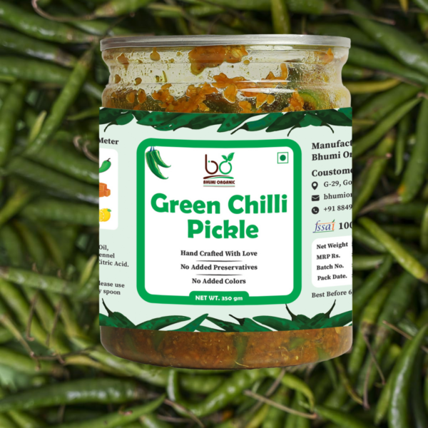 Bhumi Organic Green Chilli Pickle – Spicy & Flavorful Homemade Indian Achar | Non-GMO & Gluten-Free | Made with Natural Ingredients, 350g