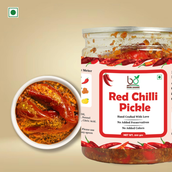 Bhumi Organic Red Chilli Pickle – Homemade Indian Achar | Spicy & Flavorful | Gluten-Free & Non-GMO | Natural Ingredients, 350g