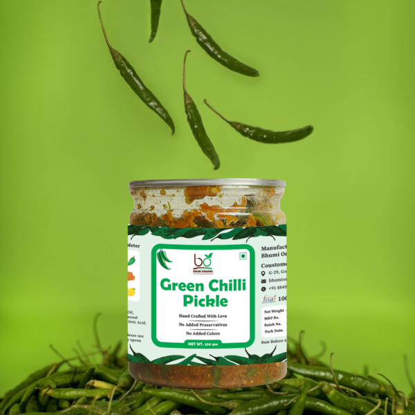 Bhumi Organic Green Chilli Pickle – Spicy & Flavorful Homemade Indian Achar | Non-GMO & Gluten-Free | Made with Natural Ingredients, 350g