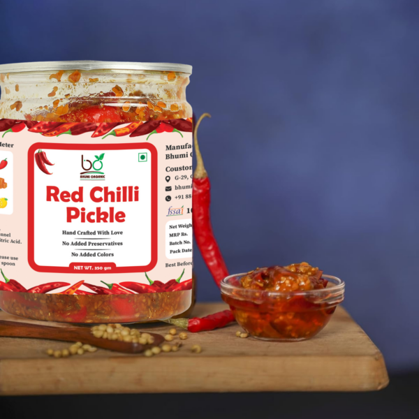 Bhumi Organic Red Chilli Pickle – Homemade Indian Achar | Spicy & Flavorful | Gluten-Free & Non-GMO | Natural Ingredients, 350g