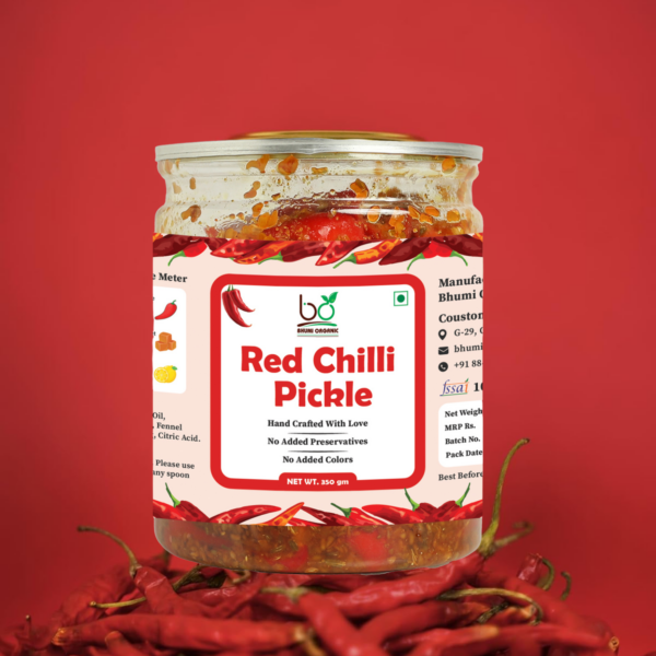 Bhumi Organic Red Chilli Pickle – Homemade Indian Achar | Spicy & Flavorful | Gluten-Free & Non-GMO | Natural Ingredients, 350g