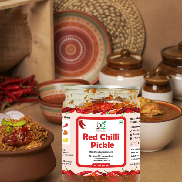 Bhumi Organic Red Chilli Pickle – Homemade Indian Achar | Spicy & Flavorful | Gluten-Free & Non-GMO | Natural Ingredients, 350g