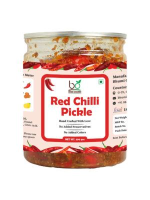 Bhumi Organic Red Chilli Pickle – Homemade Indian Achar | Spicy & Flavorful | Gluten-Free & Non-GMO | Natural Ingredients, 350g