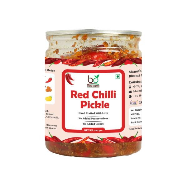 Bhumi Organic Red Chilli Pickle – Homemade Indian Achar | Spicy & Flavorful | Gluten-Free & Non-GMO | Natural Ingredients, 350g