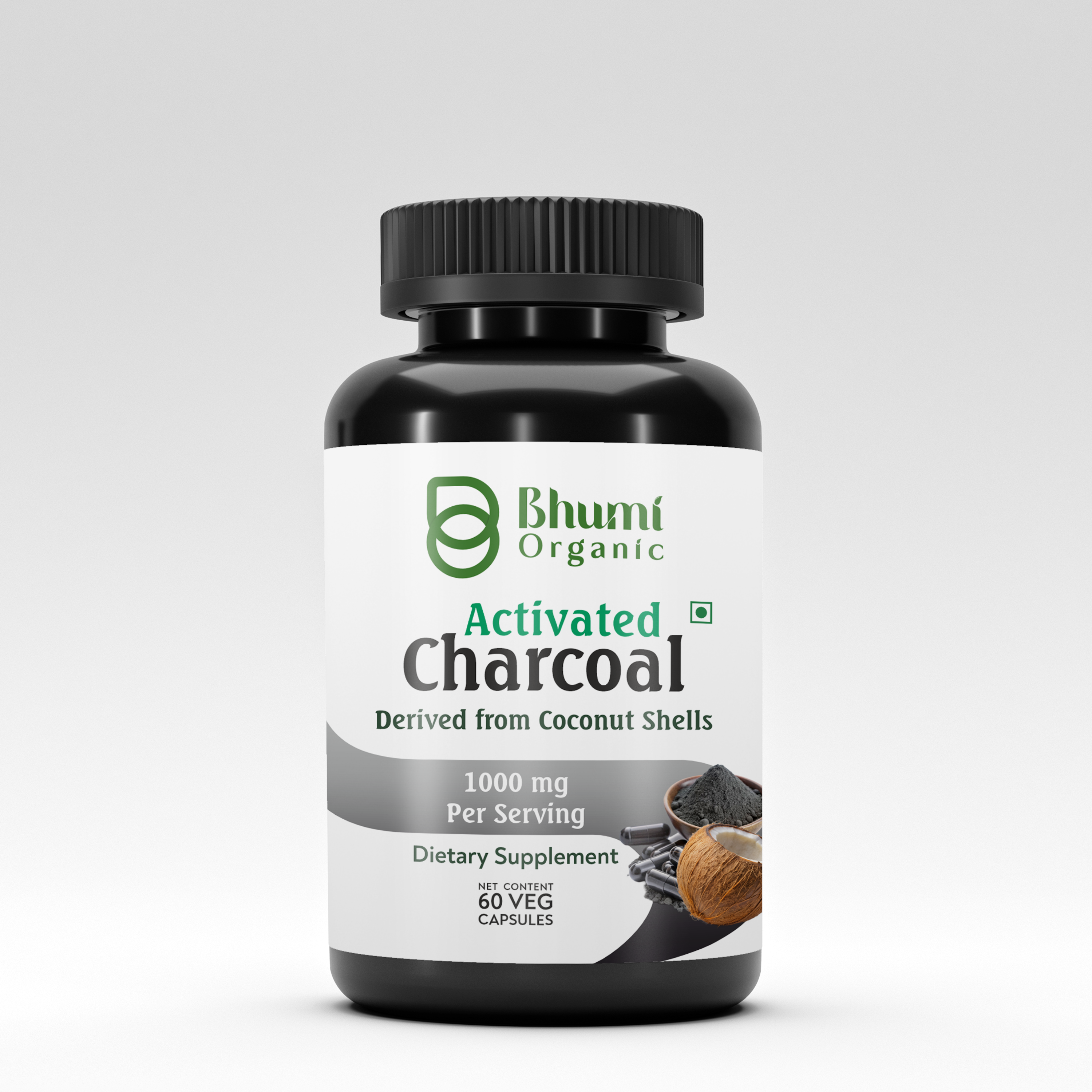 Bhumi Organic Activated Coconut Charcoal Capsules 500mg, 60 Veg. Caps, Natural Detox and Digestive Cleanse