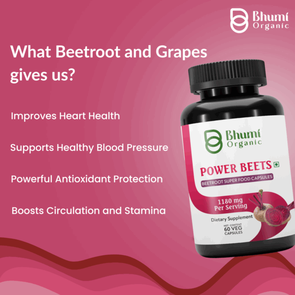 Power Beets Supplement – 1180mg with Beetroot, CoQ10 & Grape Seed Extract – 60 Veg Capsules