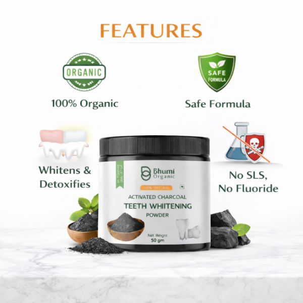 Bhumi Organic Coconut Charcoal Teeth Whitening Powder | Natural Stain Removal | 100g