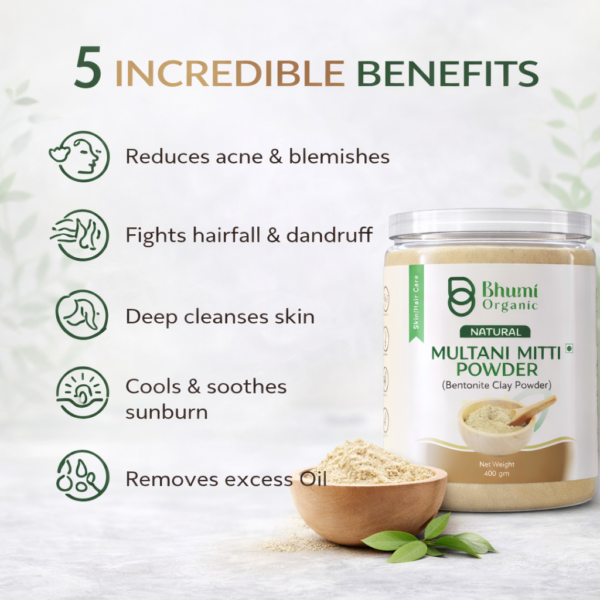 Bhumi Organic Multani Mitti Powder 400g (Pack of 4) | For Oily Skin, Acne & Deep Cleansing