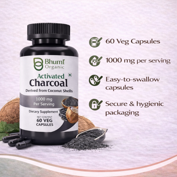 Pure Natural Activated Coconut Charcoal Capsules | Detox & Digestive Cleanse | 60 Vegan Caps