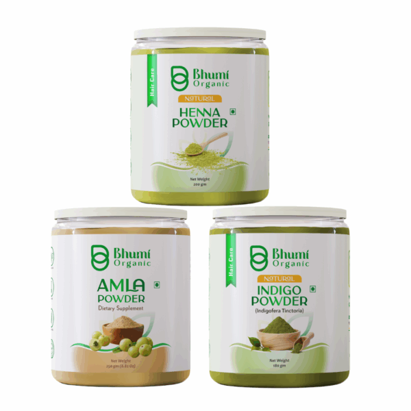 Bhumi Organic Natural Hair Care Combo Pack, Henna Powder 200g, Indigo Powder 180g, Amla Powder 250g
