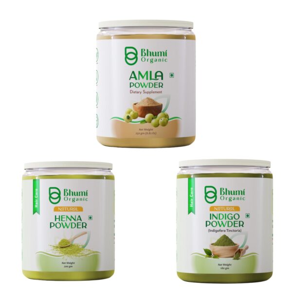 Bhumi Organic Natural Hair Care Combo Pack, Henna Powder 200g, Indigo Powder 180g, Amla Powder 250g
