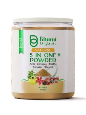 Bhumi Organic 5-in-1 Hair Care Powder with Amla, Bhringraj, Reetha, Shikakai, Hibiscus, Chemical-free, 200g