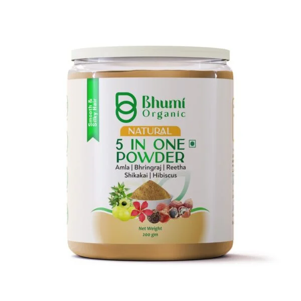 Bhumi Organic 5-in-1 Hair Care Powder with Amla, Bhringraj, Reetha, Shikakai, Hibiscus, Chemical-free, 200g