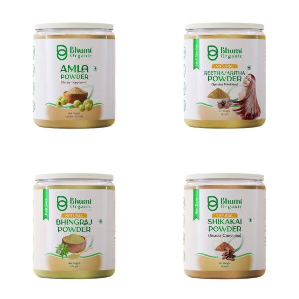 Bhumi Organic Natural Hair Care Powder Set, Amla 250g, Reetha 250g, Shikakai 200g, Bhringraj 200g