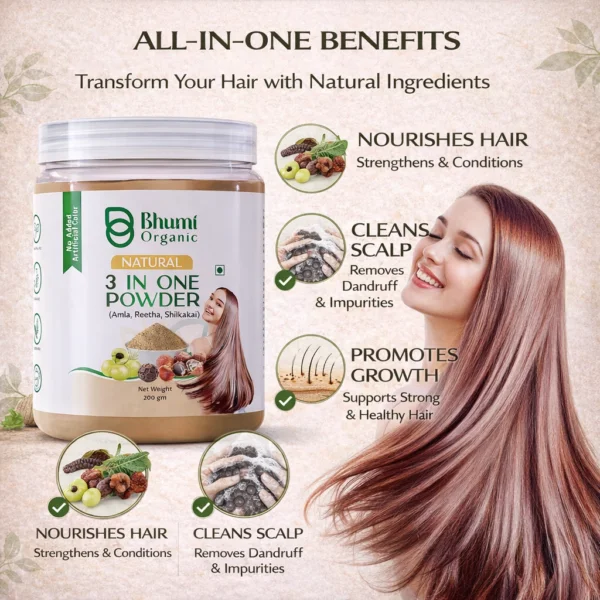 Bhumi Organic 3-in-1 Hair Powder with Amla, Bhringraj, Shikakai | 200g