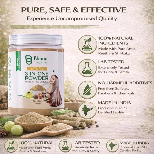 Bhumi Organic 3-in-1 Hair Powder with Amla, Bhringraj, Shikakai | 200g