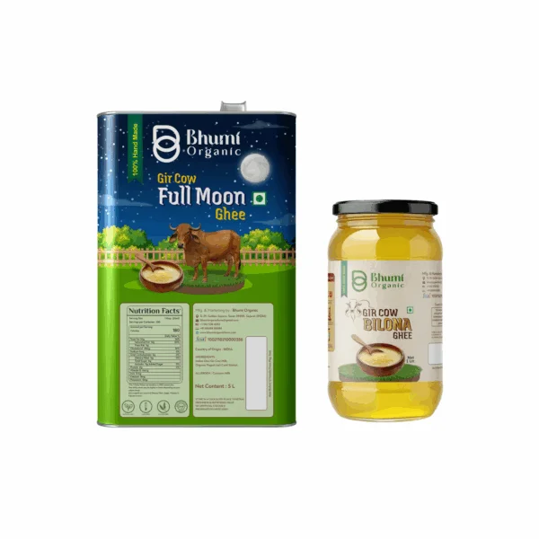 Bhumi Organic Full Moon Gir Cow Bilona Ghee - Made From Curd (5 LTR)(TIN PACK)+ (FREE 1 ltr gir cow ghee)