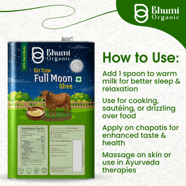 Bhumi Organic Full Moon Gir Cow Bilona Ghee - Made From Curd (2 LTR )(TIN PACK)+ Free 1 kg MultiFlora Honey