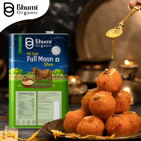 Bhumi Organic Full Moon Gir Cow Bilona Ghee - Made From Curd (2 LTR )(TIN PACK)+ Free 1 kg MultiFlora Honey