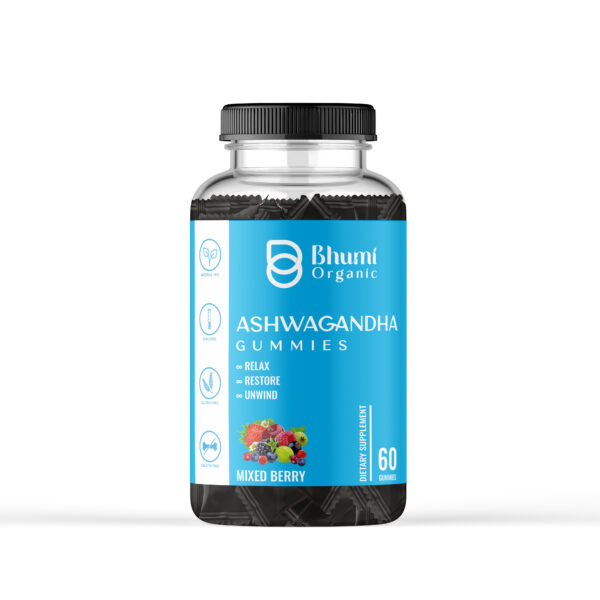 Bhumi Organic Ashwagandha Gummies, Mixed Berry Flavour, 60 Count, Vegan, Gluten-Free