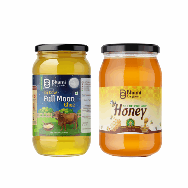 Bhumi Organic Full Moon Gir Cow Ghee (1 ltr) And MultiFlora Honey (1 kg )