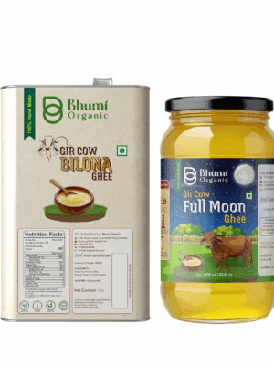 Bhumi Organic Gir Cow Bilona Ghee - Made From Curd (5 LTR)(TIN PACK) + (1 Ltr FULL MOON GIR GHEE)