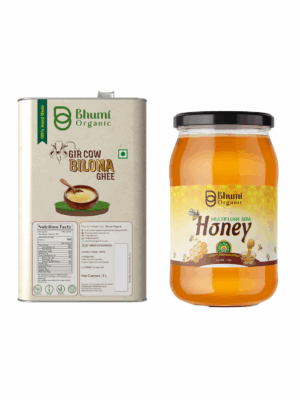 Bhumi Organic Gir Cow Bilona Ghee - Made From Curd (2 LTR )(TIN PACK)+ Free 1 kg MultiFlora Honey