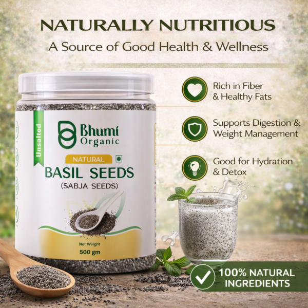 Bhumi Organic Basil Seeds (Sabja) 500g | Natural Coolant & Rich in Fiber