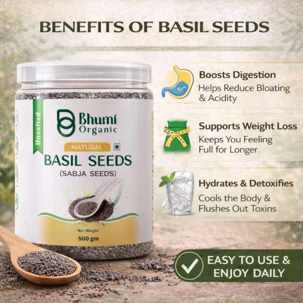 Bhumi Organic Basil Seeds (Sabja) 500g | Natural Coolant & Rich in Fiber
