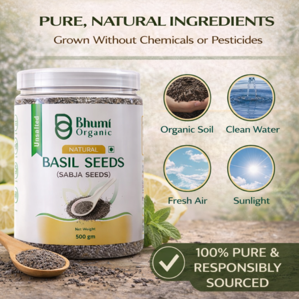 Bhumi Organic Basil Seeds (Sabja) 500g | Natural Coolant & Rich in Fiber