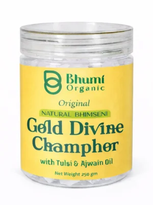 Bhumi Organic Natural Bhimseni Gold Divine Camphor with Tulsi & Ajwain Oil – 250 g