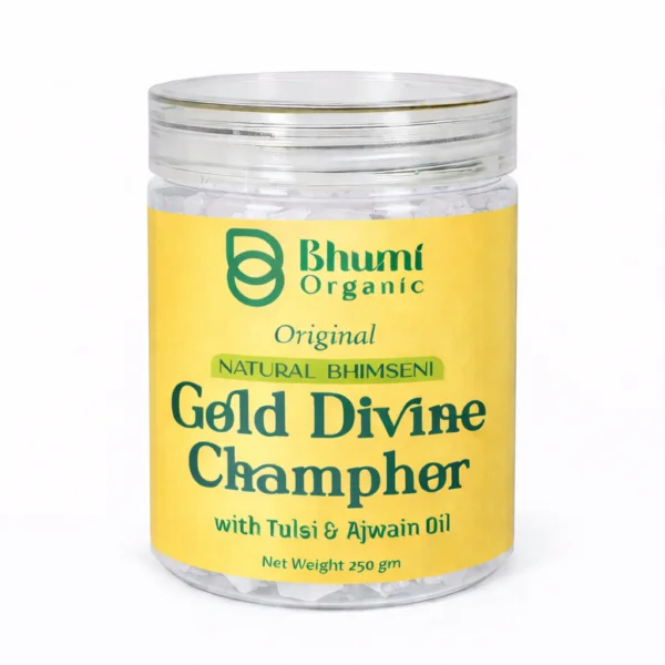Bhumi Organic Natural Bhimseni Gold Divine Camphor with Tulsi & Ajwain Oil – 250 g