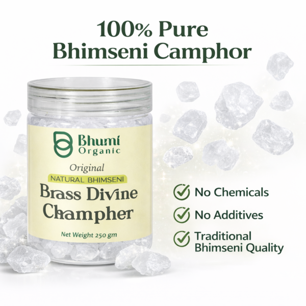 Bhumi Organic Bhimseni Camphor – 100% Pure Solid Kapur (250 g Jar)