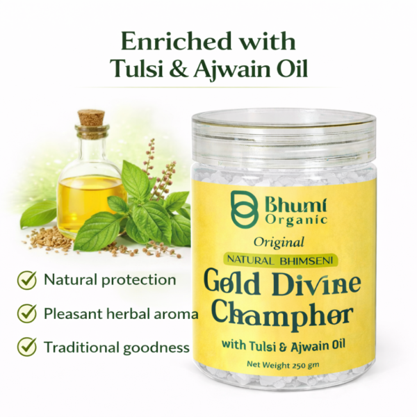 Bhumi Organic Natural Bhimseni Gold Divine Camphor with Tulsi & Ajwain Oil – 250 g