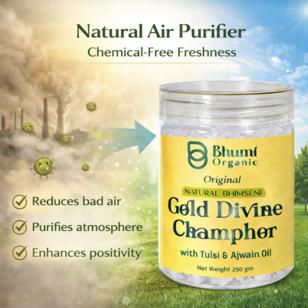 Bhumi Organic Natural Bhimseni Gold Divine Camphor with Tulsi & Ajwain Oil – 250 g