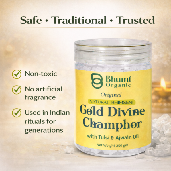 Bhumi Organic Natural Bhimseni Gold Divine Camphor with Tulsi & Ajwain Oil – 250 g