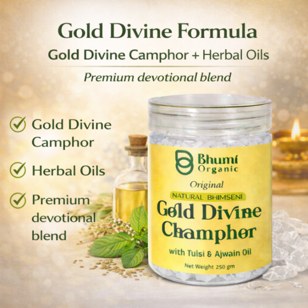 Bhumi Organic Natural Bhimseni Gold Divine Camphor with Tulsi & Ajwain Oil – 250 g